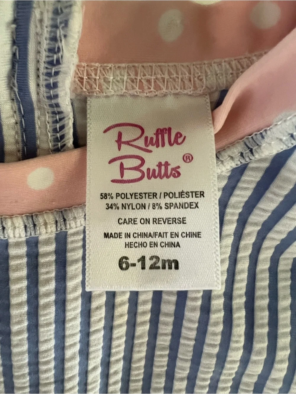 Ruffle Butts Blue and White Stripe Long-Sleeve One-Piece with Pink Trim 6-12m